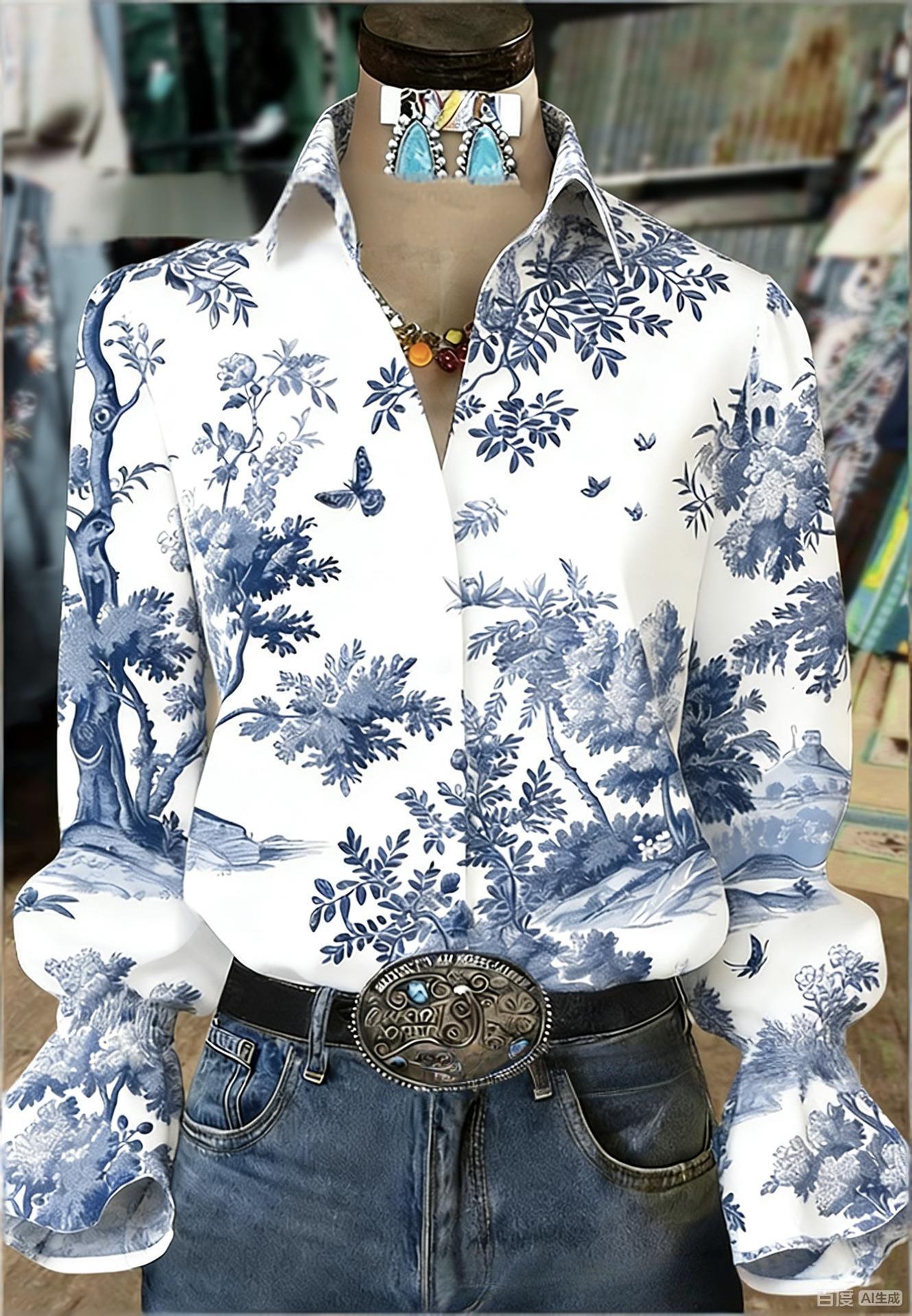 Floral Texture Bell-Sleeve Shirt