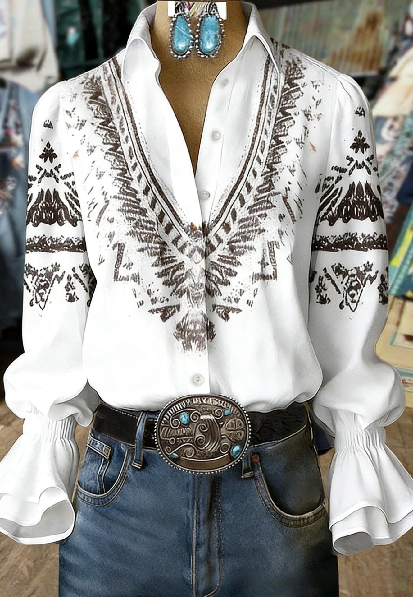 Floral Texture Bell-Sleeve Shirt