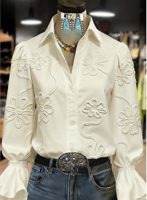 Floral Texture Bell-Sleeve Shirt