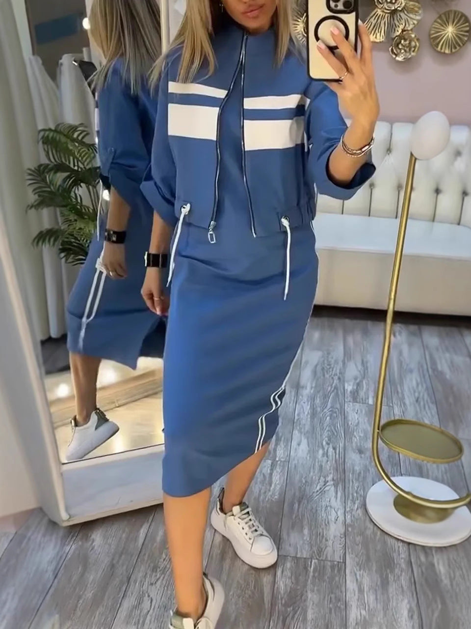 Modern Stand Collar Jacket Dress Set