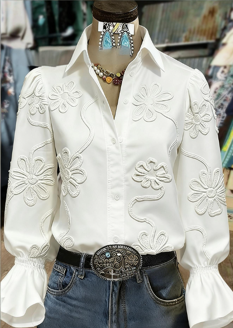 Floral Texture Bell-Sleeve Shirt