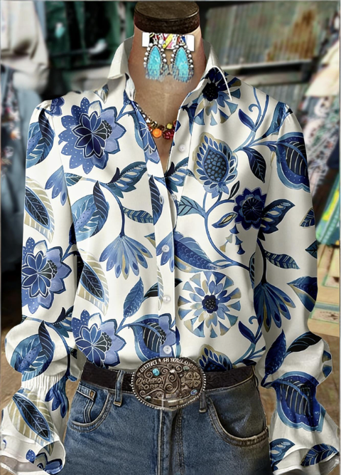 Floral Texture Bell-Sleeve Shirt