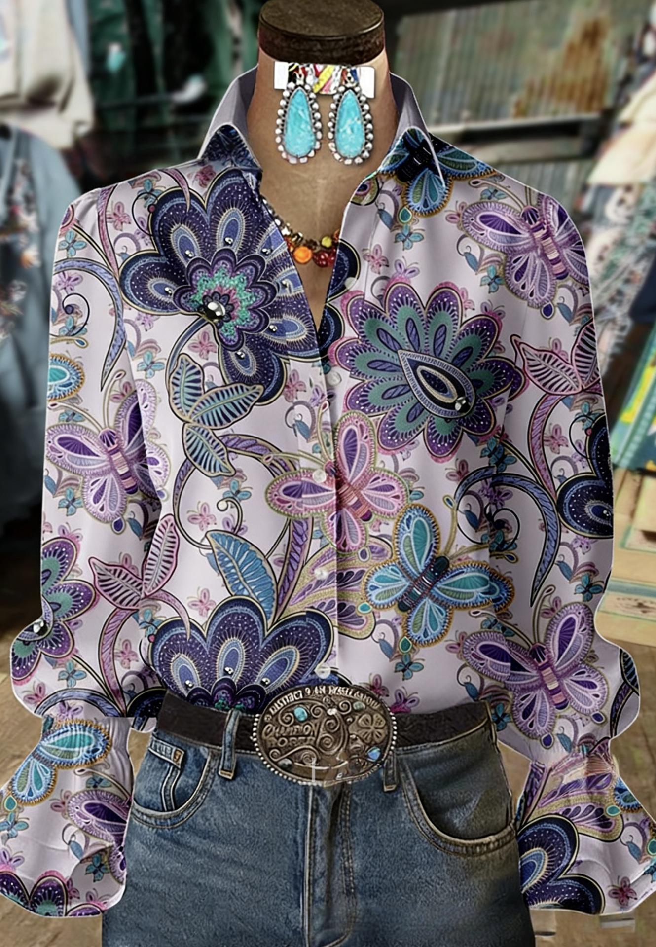 Floral Texture Bell-Sleeve Shirt